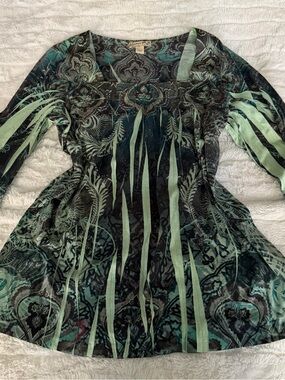 Energie Green and Teal Patterned Long-Sleeve Dress